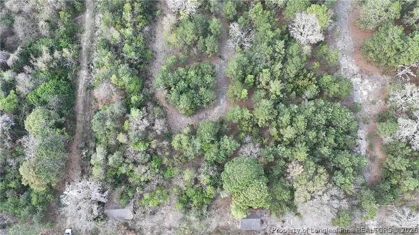 an aerial view of residential house with outdoor space and trees all around