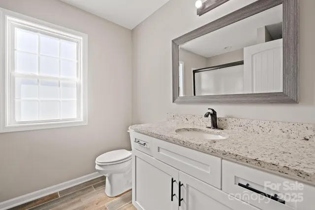 a bathroom with a granite countertop toilet sink and mirror