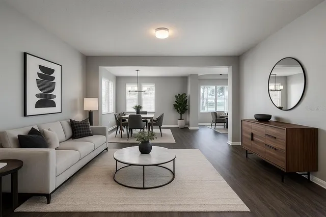 a living room with furniture a rug and a large mirror