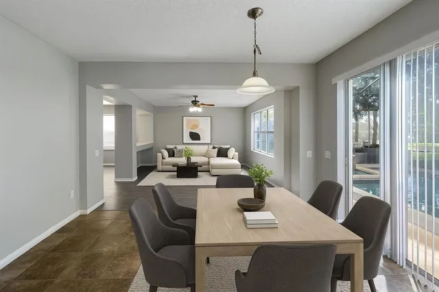a view of a dining room with furniture window and outside view