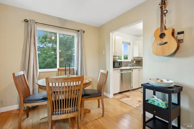 a view of a dining room with furniture window and wooden floor