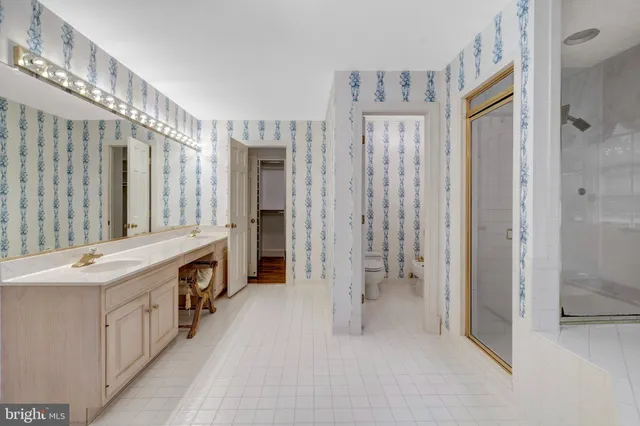 a bathroom with a double vanity sink a toilet a mirror and shower