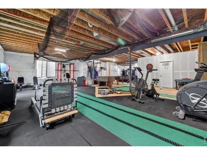 a view of a garage with storage