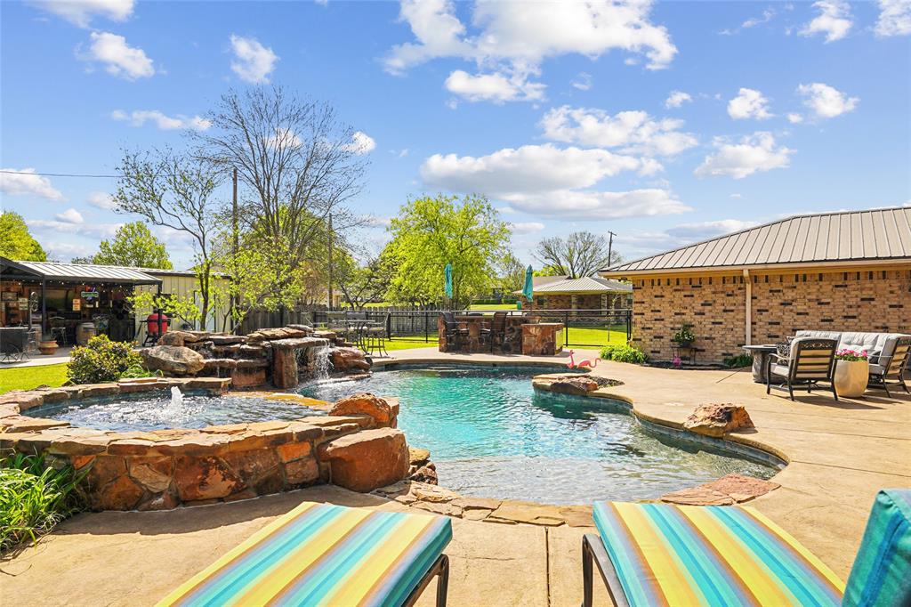 908 North Maple Street Muenster, TX 76252 - Photo 23 of 40 a view of a swimming pool with a patio and a yard