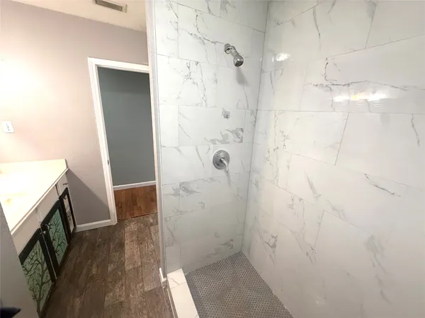 a bathroom with a shower and a sink