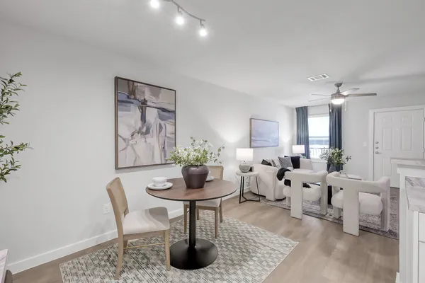 a living room with furniture and a potted plant