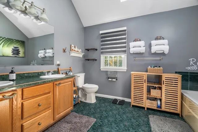 a bathroom with a sink a toilet and mirror