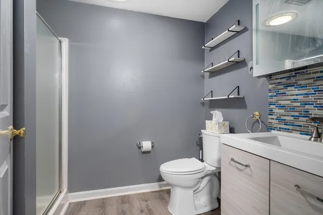 a bathroom with a sink a toilet and vanity