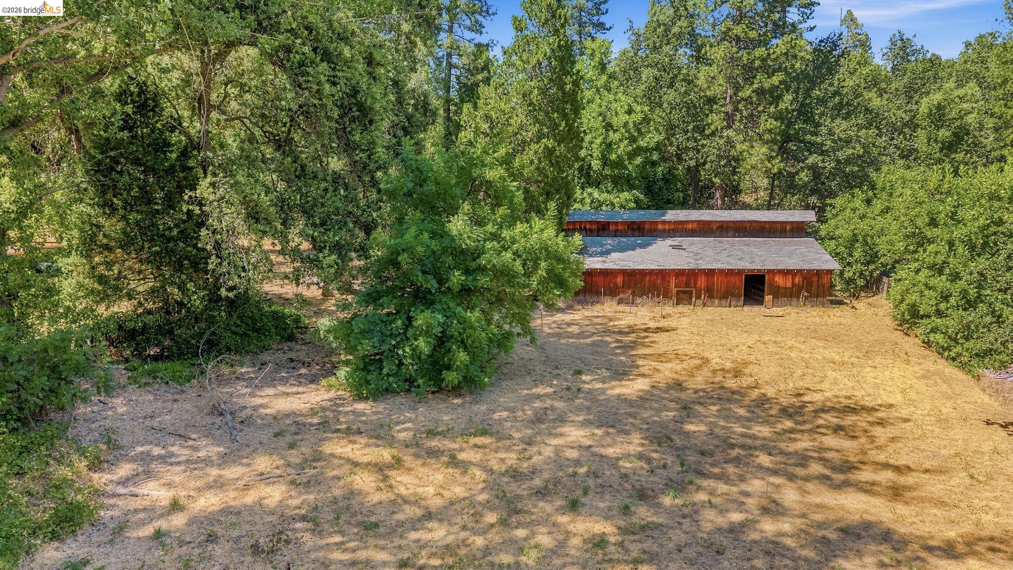 22401 South Fork Road Sonora, CA 95370 - Photo 30 of 34 Red wood-sided barn with an open entryway, surrounded by mature trees and a natural landscape