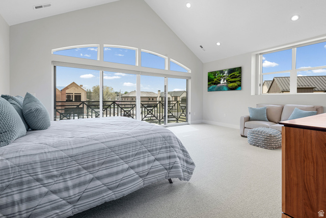 250 South Main Street, Unit 24 Alpine, UT 84004 - Photo 17 of 50 Bedroom featuring a high ceiling, light carpet, access to exterior, and recessed lighting