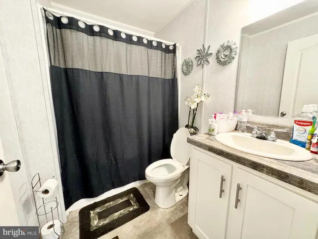 a bathroom with a sink a toilet a mirror and shower curtain