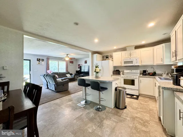 a living room with furniture a kitchen view and appliances