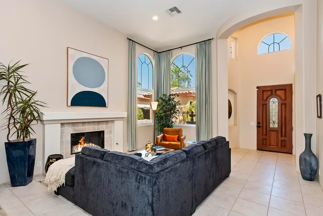 a living room with furniture a fireplace and a potted plant