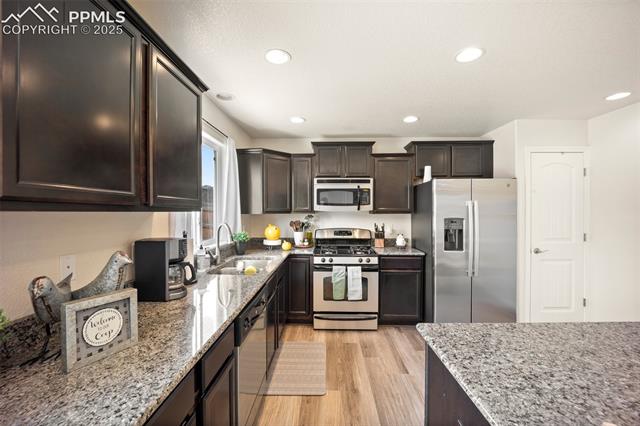 7148 Red Cardinal Loop Colorado Springs, CO 80908 - Photo 18 of 50 Kitchen featuring stainless steel appliances, a sink, light wood finished floors, light stone counters, and recessed lighting