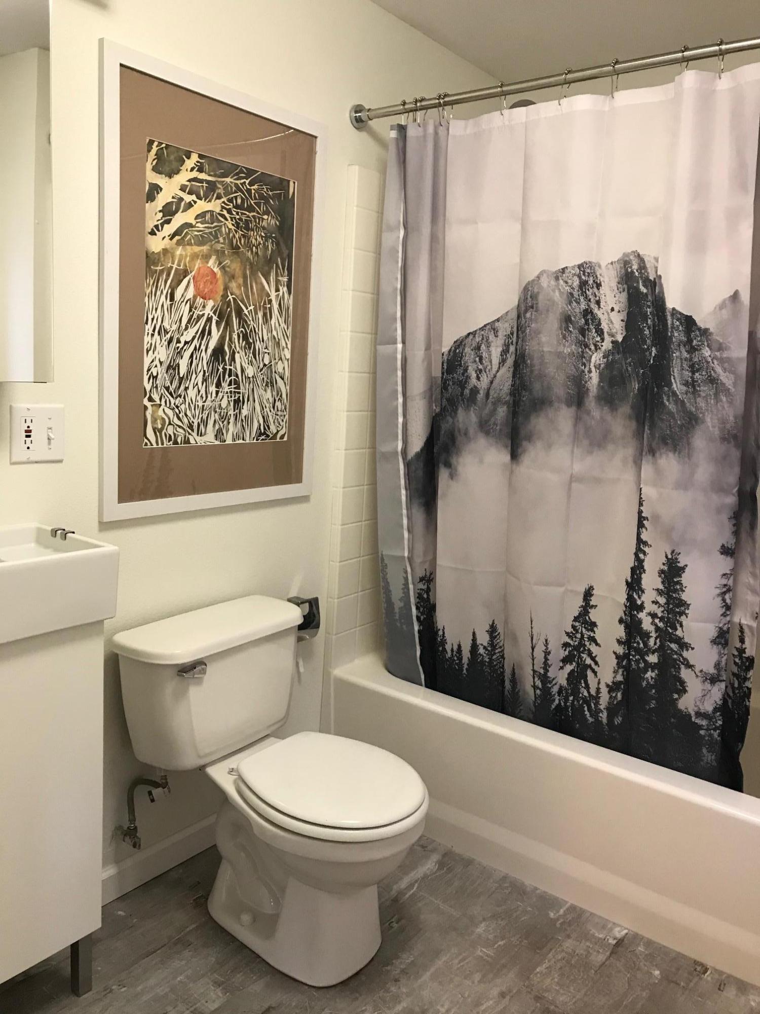 52760 Pine Ridge Road Idyllwild, CA 92549 - Photo 22 of 41 a bathroom with a toilet and a shower curtain