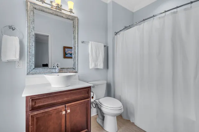 a bathroom with a sink a toilet and shower curtain