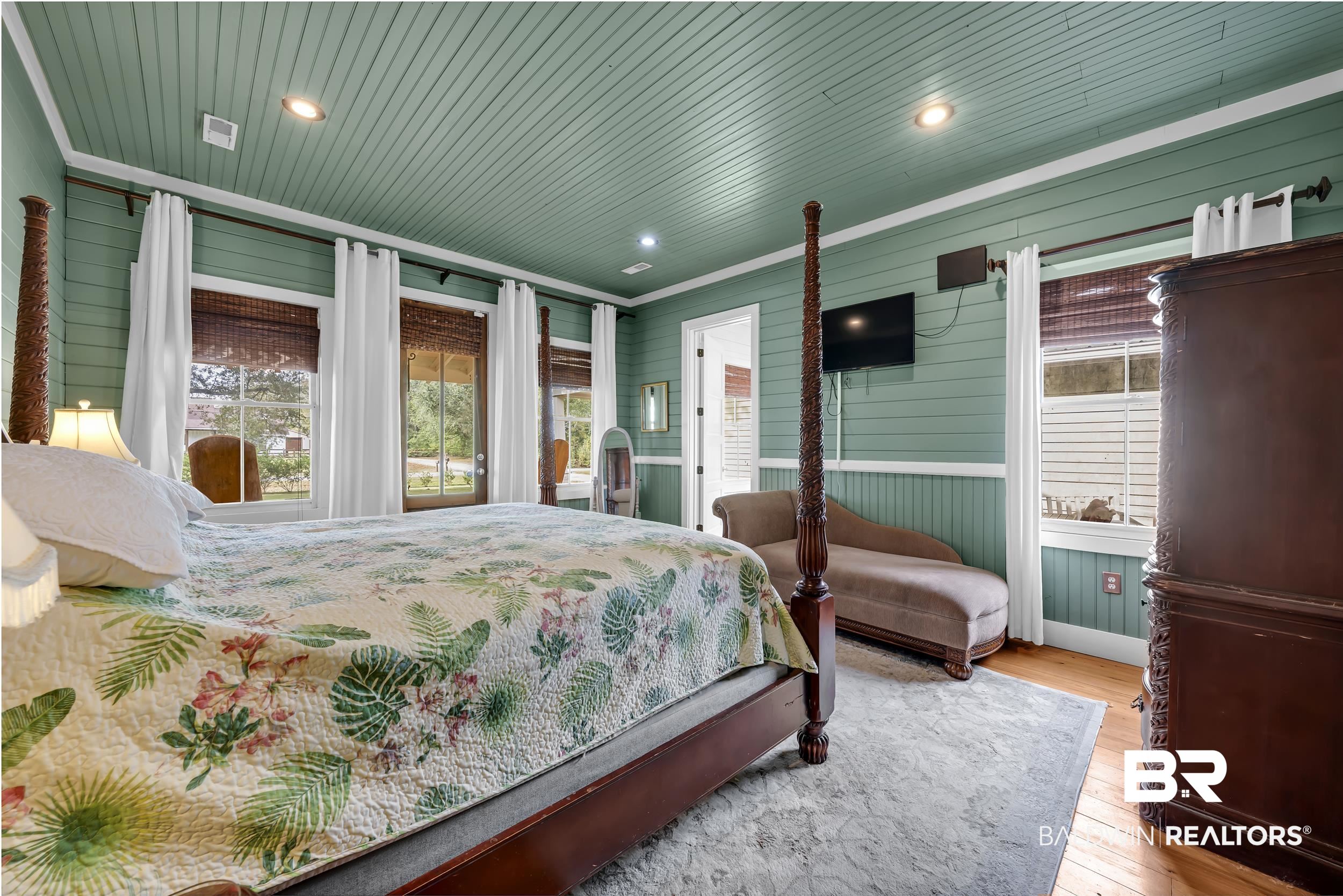 13232 Mary Ann Bch Road Fairhope, AL 36532 - Photo 27 of 79 Bedroom with wood walls, wood-type flooring, wood ceiling, and recessed lighting