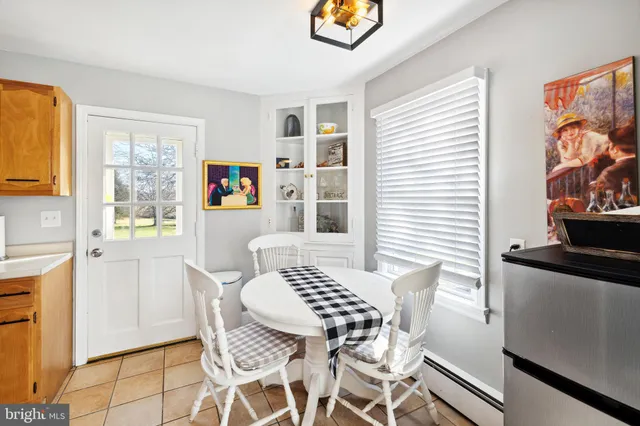 a view of a dining room with furniture and a window