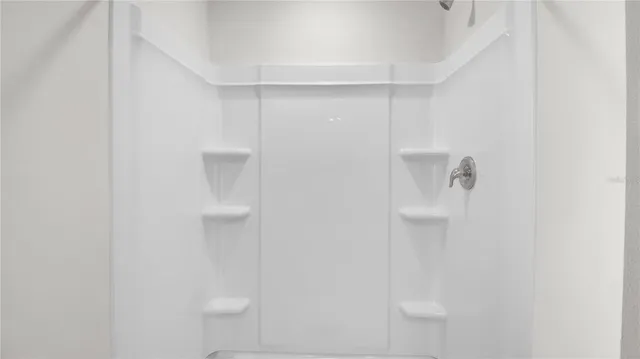 a bathroom with a shower and toilet