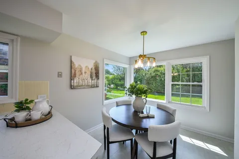 a view of a dining room with furniture window and outside view