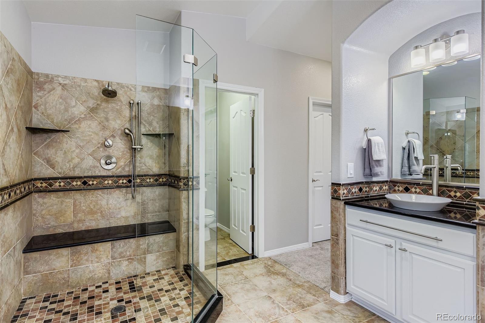 795 Ridgemont Circle Highlands Ranch, CO 80126 - Photo 16 of 35 a bathroom with a granite countertop shower sink and mirror
