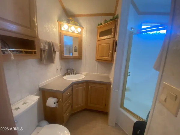 a bathroom with a sink toilet vanity and shower