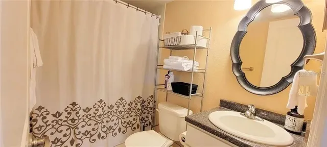 a bathroom with a sink mirror and a toilet