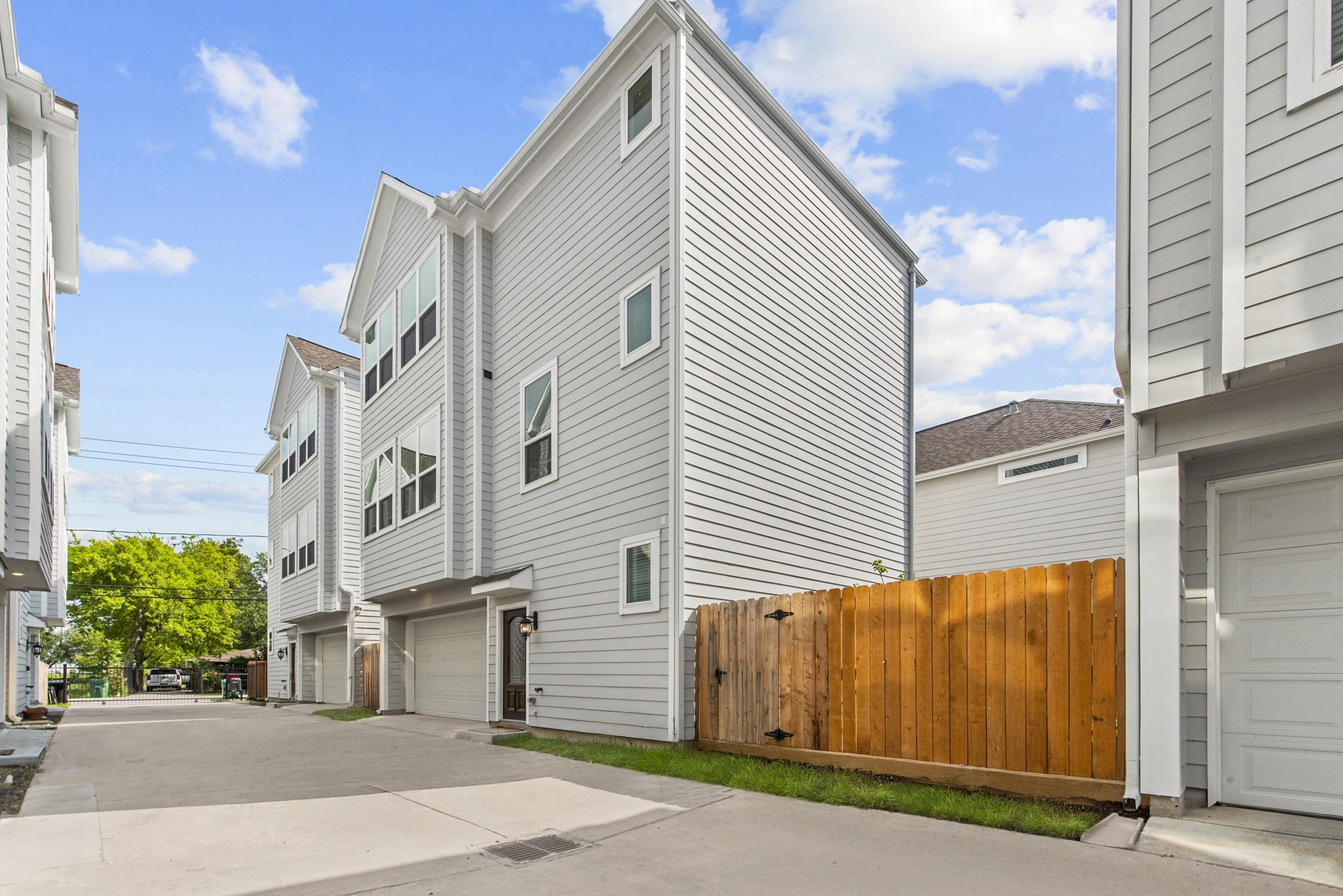 a view of a street with brick building