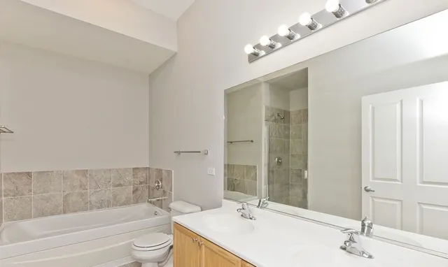 a bathroom with a bathtub shower sink vanity and toilet