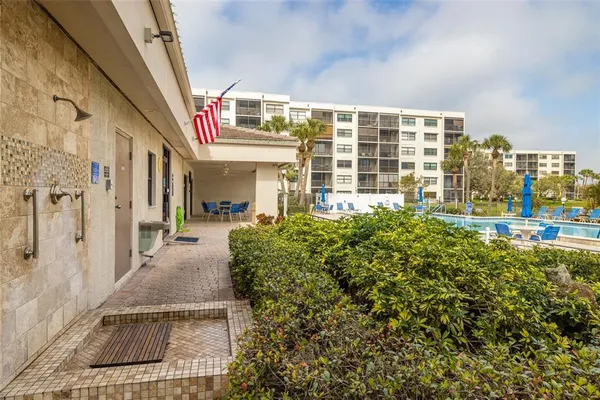 a view of a building from the stairs