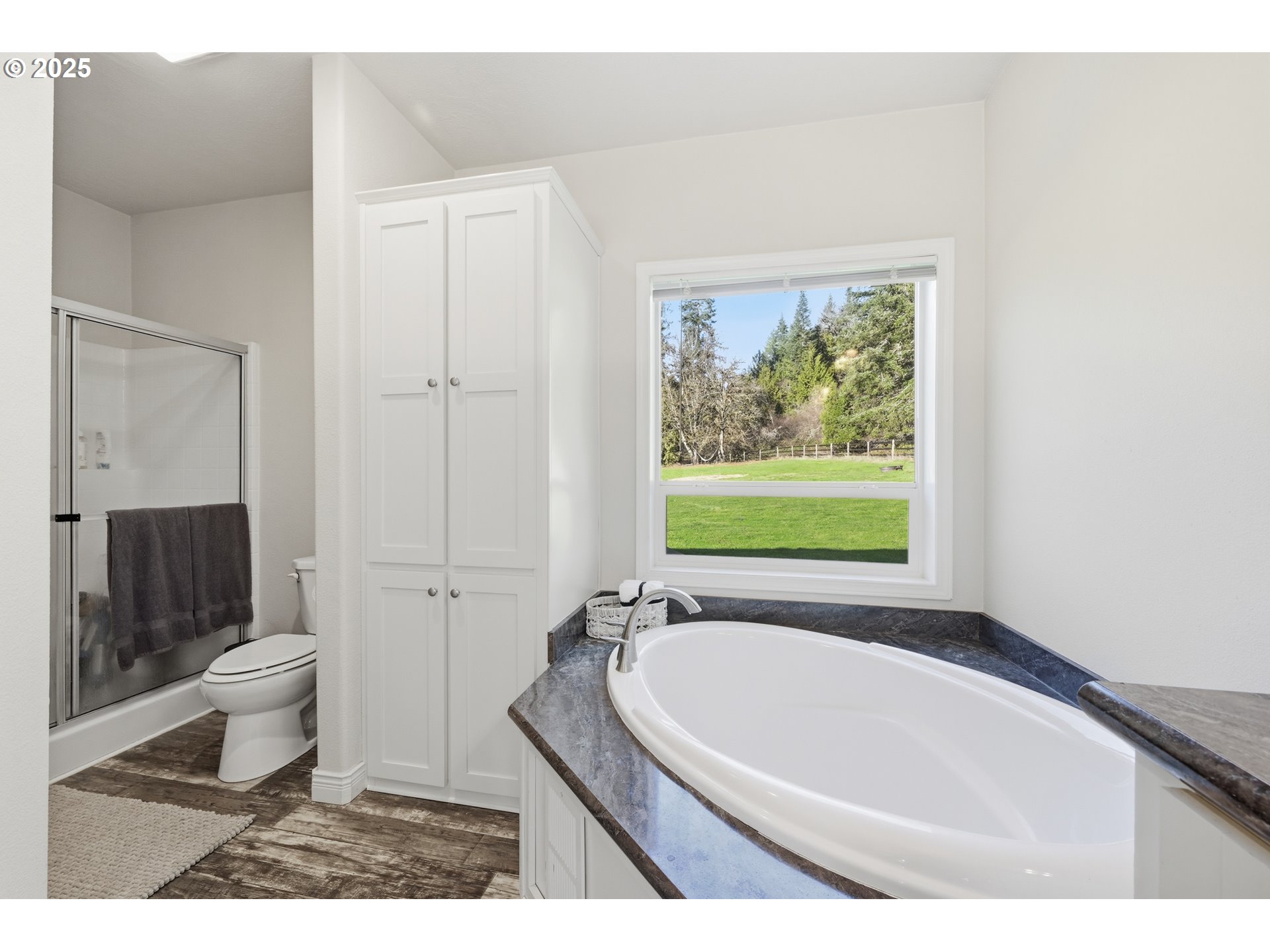 39557 Little Fall Creek Road Fall Creek, OR 97438 - Photo 22 of 43 a bathroom with a granite countertop sink a toilet a mirror and window
