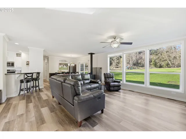 a living room with furniture or couch and a ceiling fan
