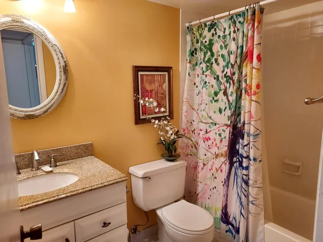 a bathroom with a granite countertop toilet and a sink