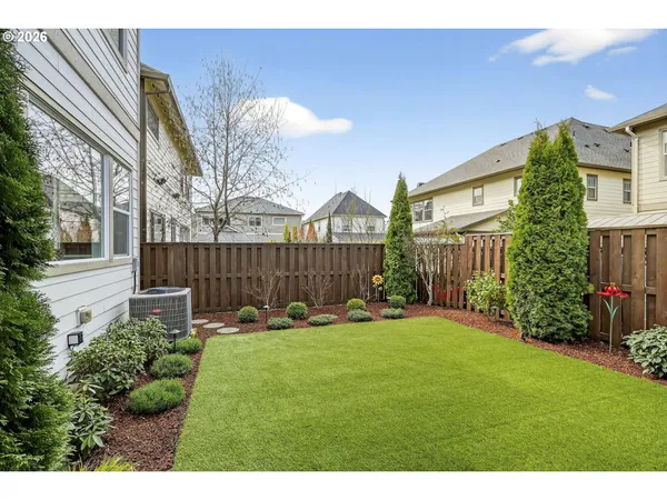 a garden view with a seating space