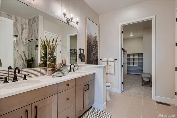 a bathroom with a sink a mirror and a shower