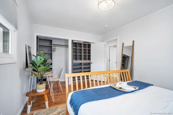 a bedroom with furniture and a potted plant