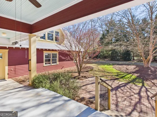 a view of a backyard with plants and large tree