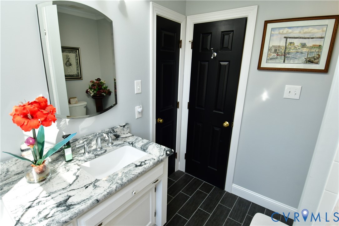 9101 Woodpecker Road Chesterfield, VA 23838 - Photo 32 of 50 a bathroom with a granite countertop sink a mirror and shower