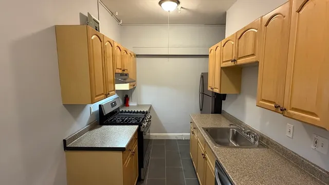 a kitchen with a sink a stove and refrigerator