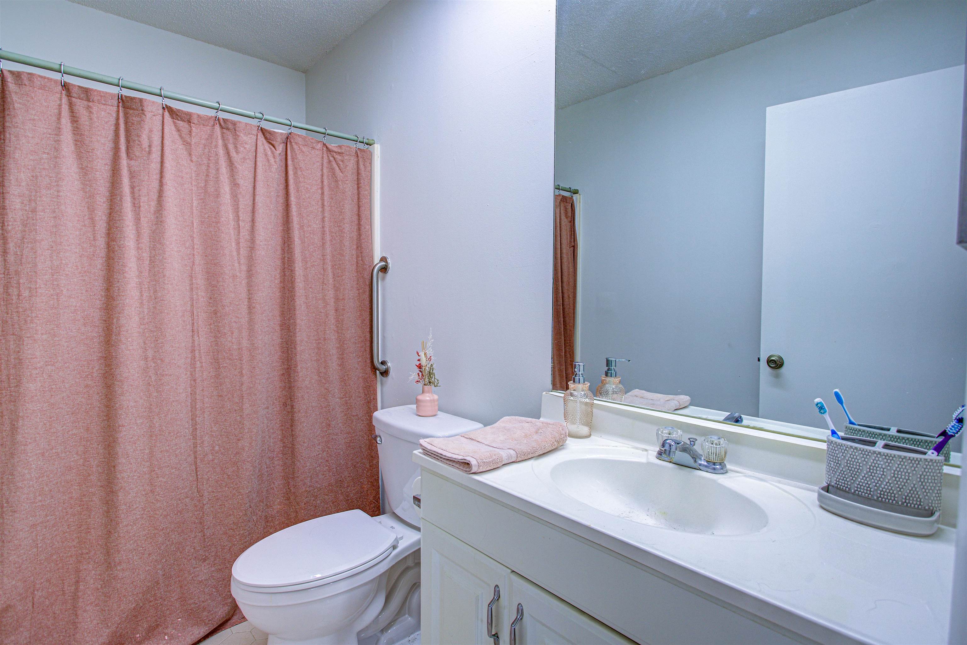 118 Rio Del Mar Street St. Augustine, FL 32080 - Photo 15 of 24 a bathroom with a sink a toilet a mirror and shower curtain