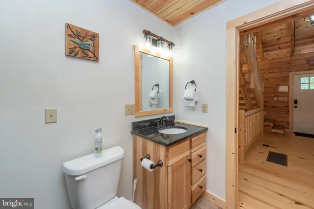 a bathroom with a sink a toilet and a mirror