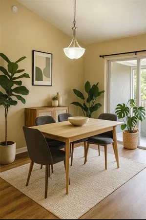 a dining room with furniture potted plants and wooden floor