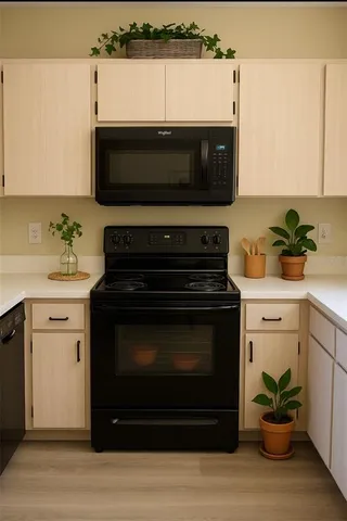a kitchen with a stove and a microwave