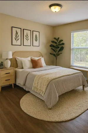 a bedroom with a bed and a painting on the wall