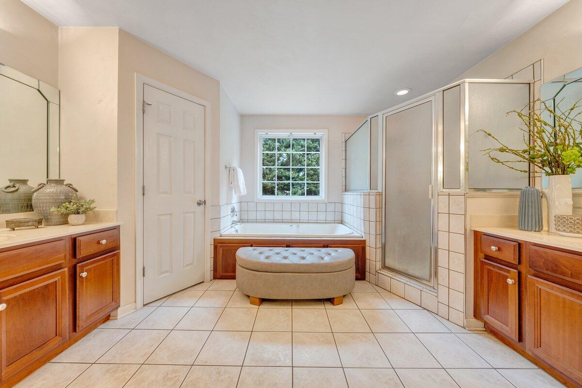 3770 Laurel Ridge Road Northwest Roanoke, VA 24019 - Photo 30 of 55 a bathroom with a tub a sink a mirror and a shower