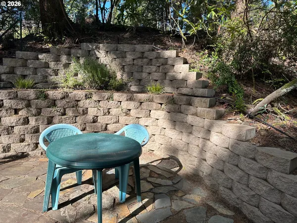 a view of a chairs and table in a backyard