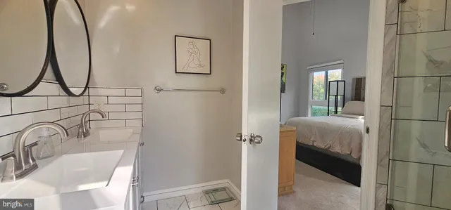 a bathroom with a sink and a shower