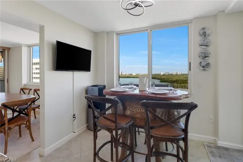 a view of a dining room with furniture and window