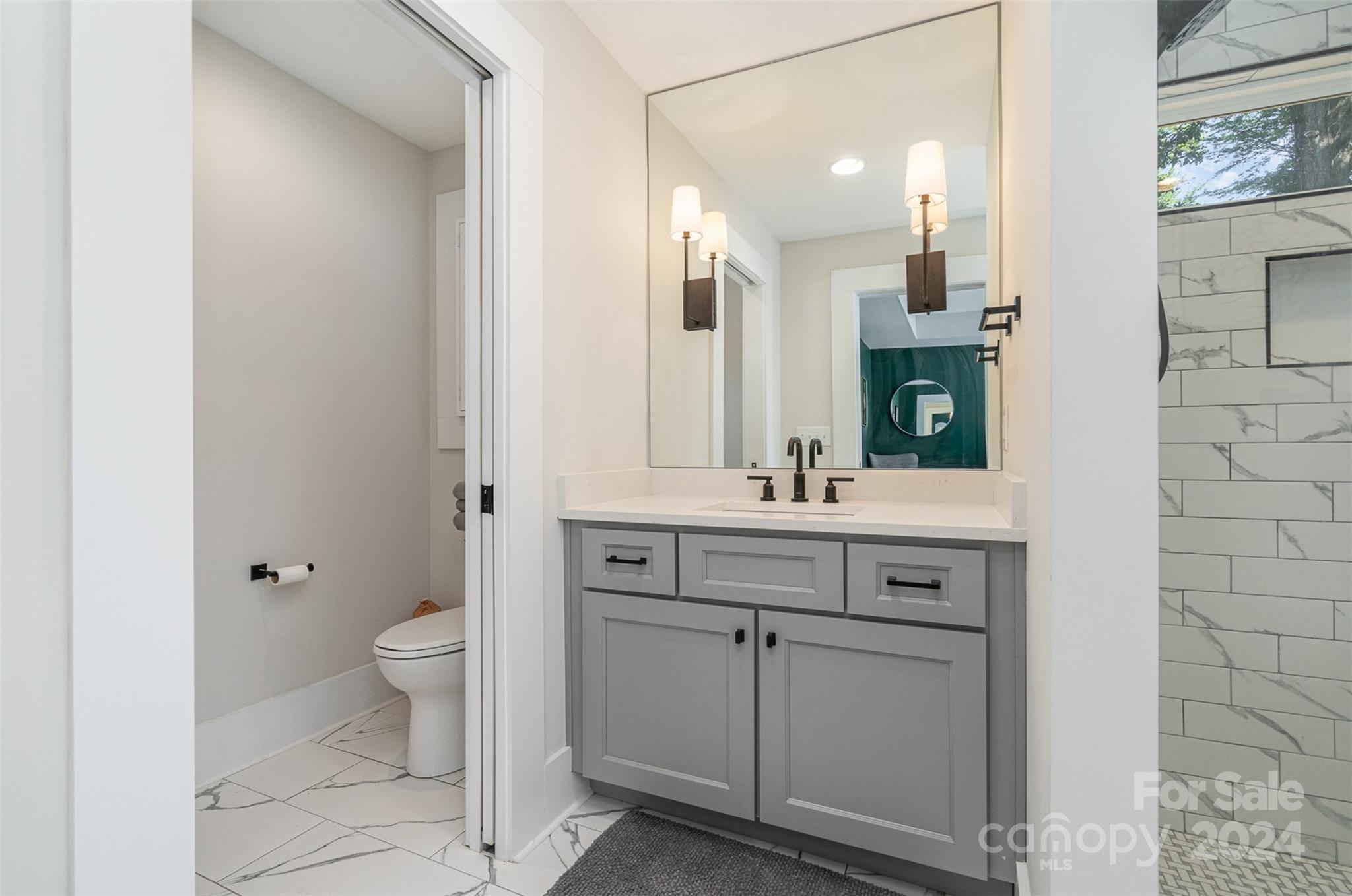 5335 Valley Forge Road Charlotte, NC 28210 - Photo 18 of 29 a bathroom with a sink a toilet and a mirror