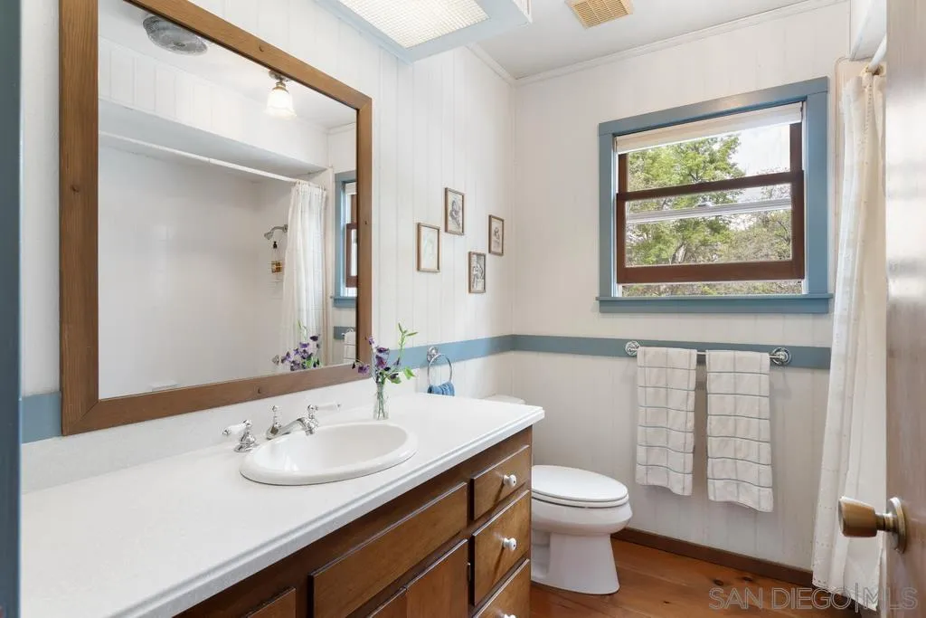 13636 Jack Rabbit Road Poway, CA 92064 - Photo 22 of 29 a bathroom with a toilet a sink and a large mirror